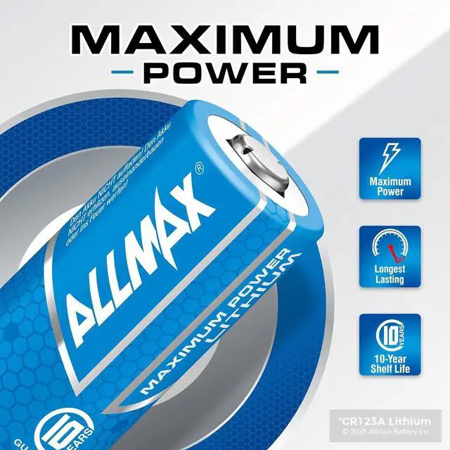 Alt view image 2 of 6 - Allmax CR123A Maximum Power Lithium Batteries (48 Count)  Longest Lasting, Leakproof, 10-Year Shelf Life, Ultimate Performance, Perfect for Wireless Security Systems (3V)