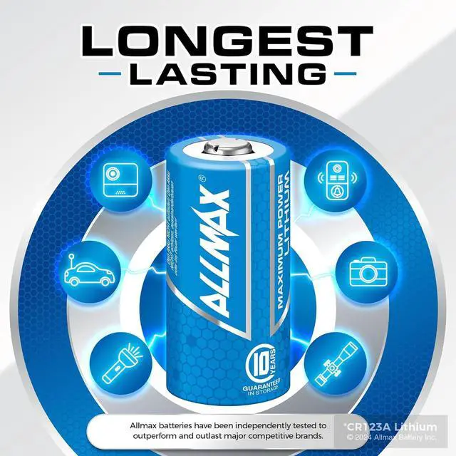 Alt view image 3 of 6 - Allmax CR123A Maximum Power Lithium Batteries (48 Count)  Longest Lasting, Leakproof, 10-Year Shelf Life, Ultimate Performance, Perfect for Wireless Security Systems (3V)