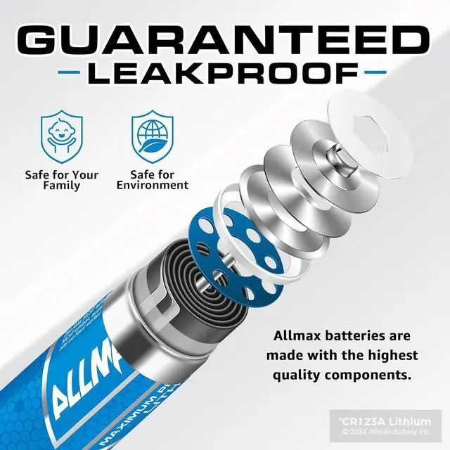 Alt view image 4 of 6 - Allmax CR123A Maximum Power Lithium Batteries (48 Count)  Longest Lasting, Leakproof, 10-Year Shelf Life, Ultimate Performance, Perfect for Wireless Security Systems (3V)