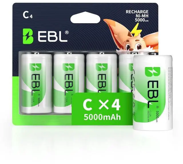 Main image of EBL Rechargeable C Batteries, 5000mAh Ni-MH High Capacity C Cell Battery New Retail Package, Pack of 4