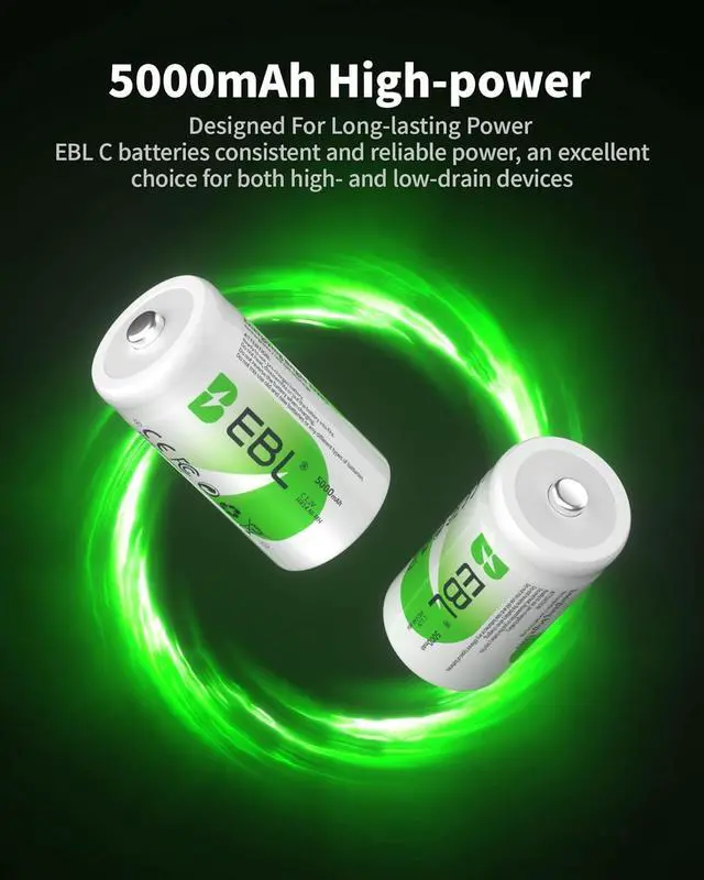 Alt view image 2 of 7 - EBL Rechargeable C Batteries, 5000mAh Ni-MH High Capacity C Cell Battery New Retail Package, Pack of 4