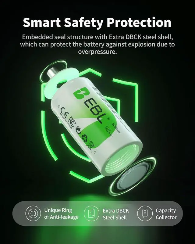 Alt view image 5 of 7 - EBL Rechargeable C Batteries, 5000mAh Ni-MH High Capacity C Cell Battery New Retail Package, Pack of 4