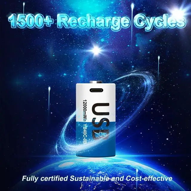 Alt view image 3 of 6 - Rechargeable Lithium D Batteries with 4 in 1 USB-C Charge Cable, 4 Pack D Cell Li-ion Battries, LR20 1.5V D Size Cell Battery Replacement 12000mWh for Floodlight Toys Clocks Gas Stove(4 Pcs)