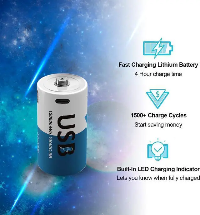 Alt view image 5 of 6 - Rechargeable Lithium D Batteries with 4 in 1 USB-C Charge Cable, 4 Pack D Cell Li-ion Battries, LR20 1.5V D Size Cell Battery Replacement 12000mWh for Floodlight Toys Clocks Gas Stove(4 Pcs)