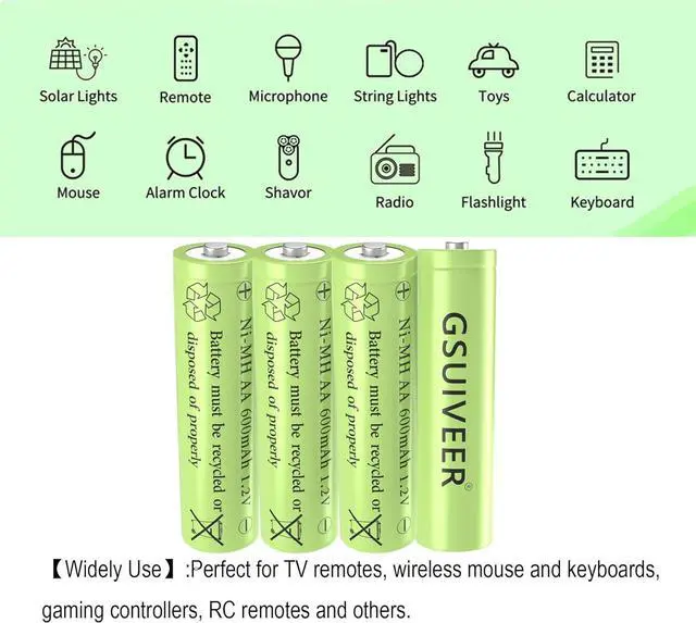Alt view image 5 of 6 - 1.2V Ni-Mh AA 600mAh Rechargeable Batteries for Outdoor Solar Garden Lights (16 Pack AA)