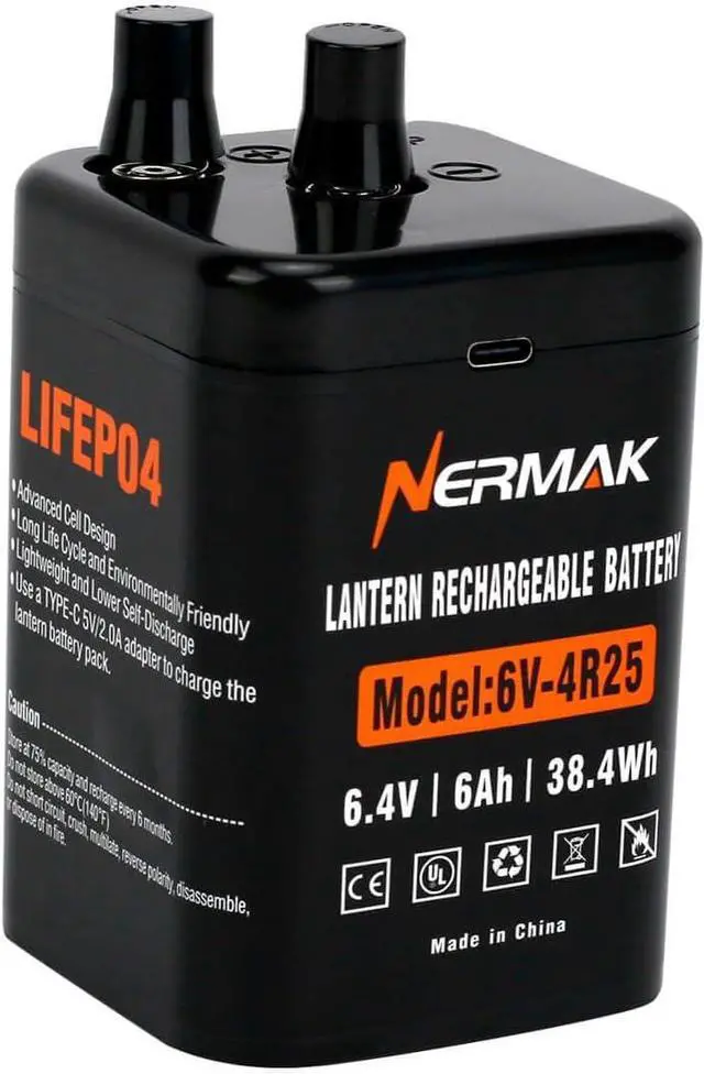 Main image of 6 Volt 6Ah Lithium LiFePO4 Heavy Duty Lantern Battery, 2000 Cycles Rechargeable Lithium Iron Phosphate Battery for 4R25 Lantern(Spring S2 Terminals)