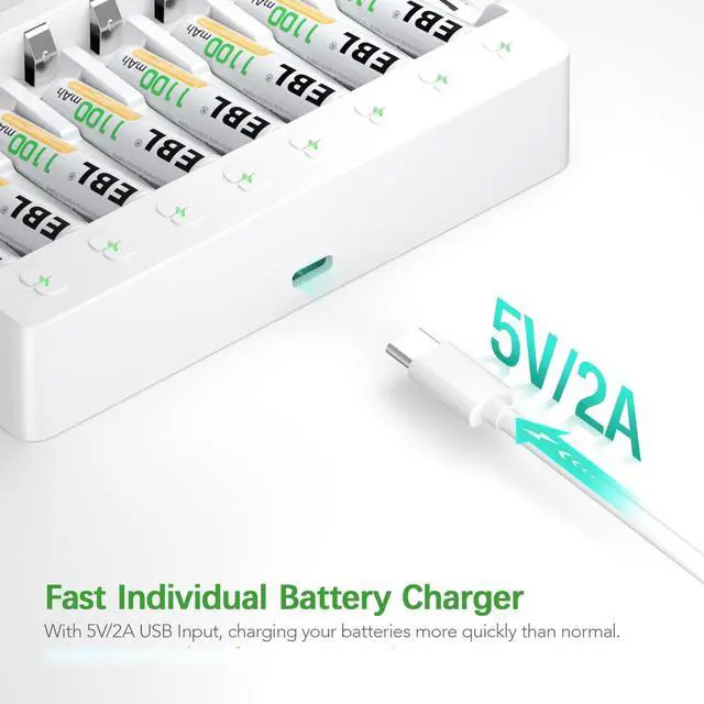 Alt view image 7 of 7 - EBL Rechargeable AAA Batteries 8 Pack, Triple AAA Batteries 1100mAh High Capacity, 1200 Recharge Cycles, Pre-Charged 1.2V NiMH AAA Battery with Individual Battery Charger