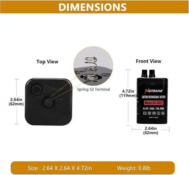 Alt view image 2 of 7 - 6 Volt 6Ah Lithium LiFePO4 Heavy Duty Lantern Battery, 2000 Cycles Rechargeable Lithium Iron Phosphate Battery for 4R25 Lantern(Spring S2 Terminals)