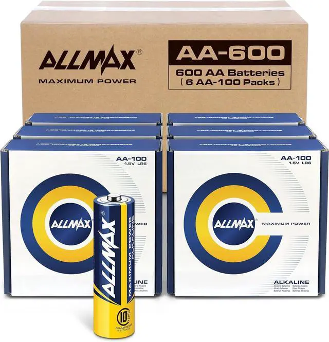 Main image of Allmax AA Maximum Power Alkaline Double A Batteries (600 Count Wholesale Pack / 6 Boxes of 100)  Ultra Long-Lasting, Leakproof Design, 10-Year Shelf Life, Maximum Performance (1.5V)