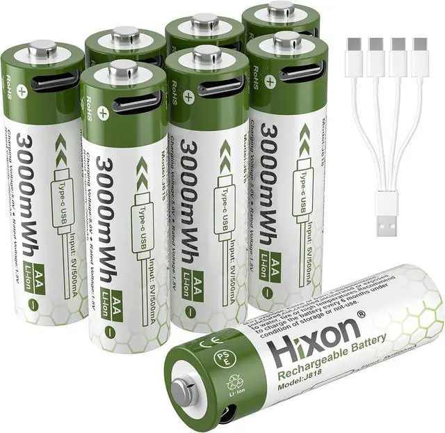 Main image of Hixon 1.5V USB Rechargeable Lithium Batteries AA Size,3000mWh Double AA Rechargeable Battery,Charges 1.5 Hours, Over 1000 Cycles, 4-in-1 USB-A to USB-C Charging Cable, LED Charge Indicator, 8-Pack