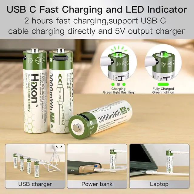 Alt view image 2 of 7 - Hixon 1.5V USB Rechargeable Lithium Batteries AA Size,3000mWh Double AA Rechargeable Battery,Charges 1.5 Hours, Over 1000 Cycles, 4-in-1 USB-A to USB-C Charging Cable, LED Charge Indicator, 8-Pack