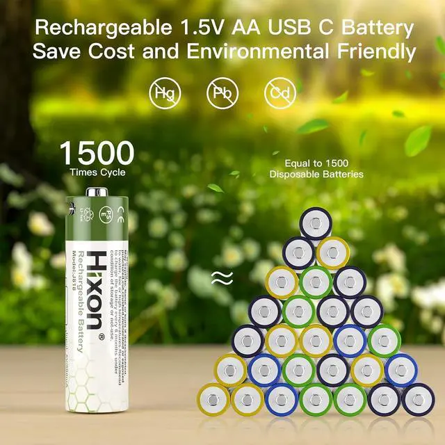 Alt view image 3 of 7 - Hixon 1.5V USB Rechargeable Lithium Batteries AA Size,3000mWh Double AA Rechargeable Battery,Charges 1.5 Hours, Over 1000 Cycles, 4-in-1 USB-A to USB-C Charging Cable, LED Charge Indicator, 8-Pack