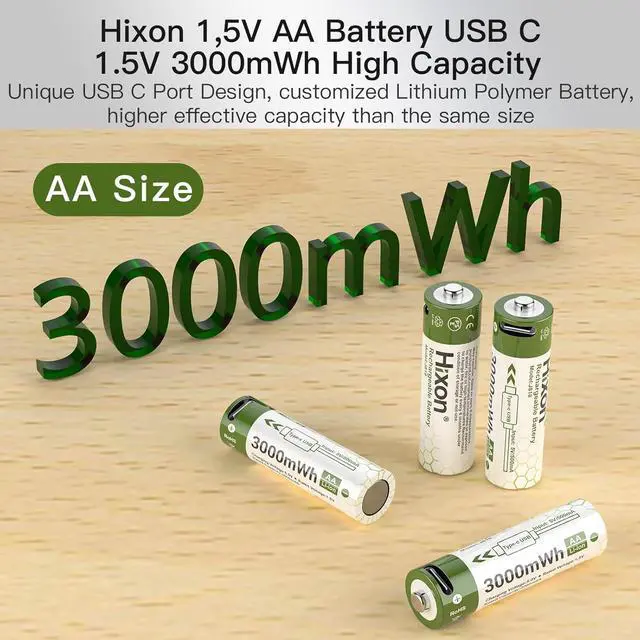 Alt view image 6 of 7 - Hixon 1.5V USB Rechargeable Lithium Batteries AA Size,3000mWh Double AA Rechargeable Battery,Charges 1.5 Hours, Over 1000 Cycles, 4-in-1 USB-A to USB-C Charging Cable, LED Charge Indicator, 8-Pack