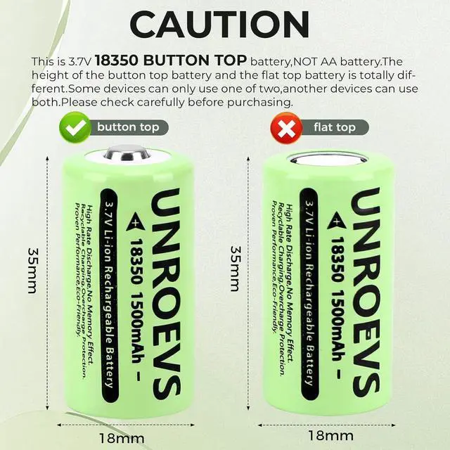 Alt view image 2 of 7 - 2 Pack 3.7V 18350 Battery Rechargeable 1500 mAh High Capacity Button Top Li-ion INR 18350 Battery for Flashlight,Headlamp. (Button top)