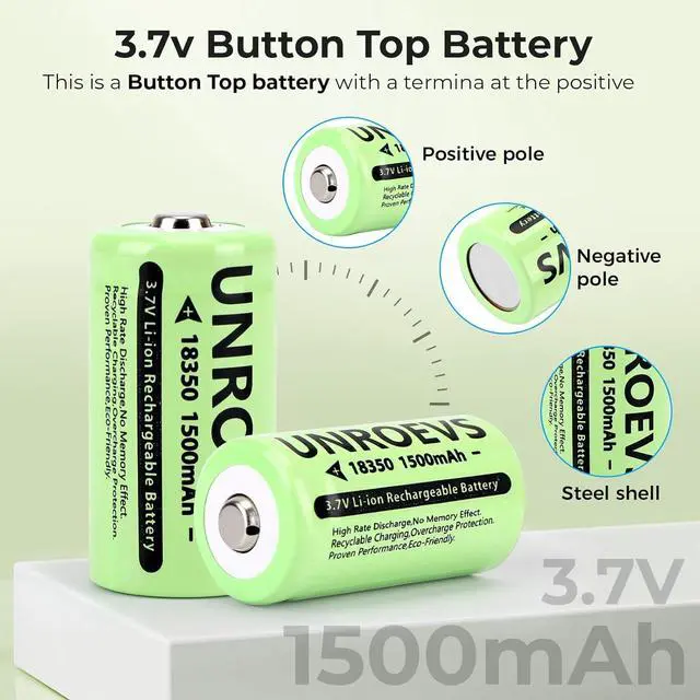 Alt view image 3 of 7 - 2 Pack 3.7V 18350 Battery Rechargeable 1500 mAh High Capacity Button Top Li-ion INR 18350 Battery for Flashlight,Headlamp. (Button top)