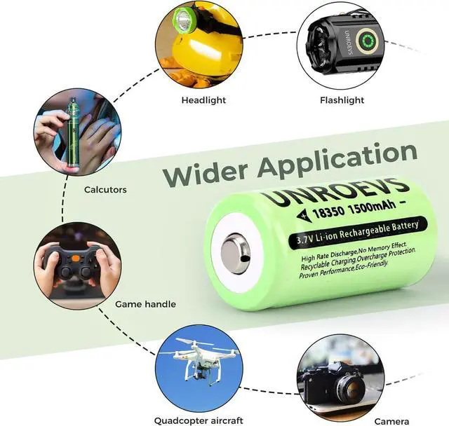 Alt view image 5 of 7 - 2 Pack 3.7V 18350 Battery Rechargeable 1500 mAh High Capacity Button Top Li-ion INR 18350 Battery for Flashlight,Headlamp. (Button top)