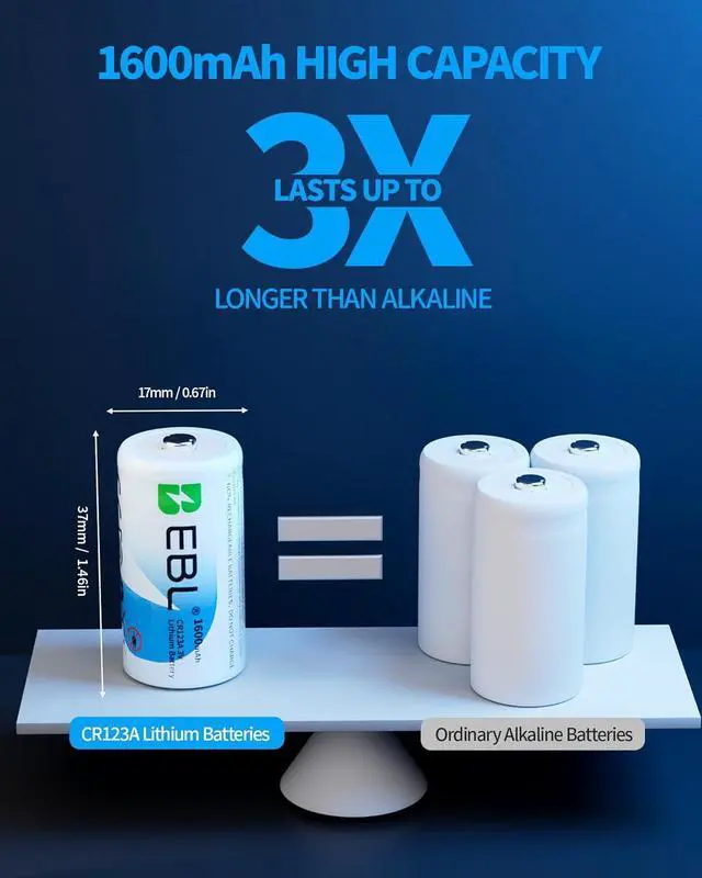 Alt view image 2 of 7 - EBL 12 Pack CR123A 3V Lithium Battery 1600mAh High Capacity CR123 CR17345 for Arlo Pro/Go, Smoke Alarms, Flashlights, Security Devices & Home Automation - Long-Lasting