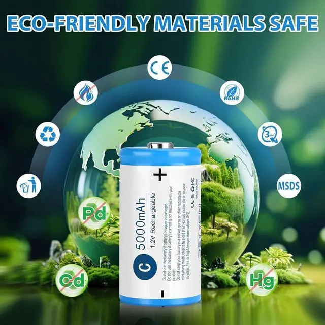 Alt view image 7 of 7 - NiMH Rechargeable C Batteries 4 Pack,1.2V 5000mAh High Capacity NiMH C Batteries,Low Self Discharge Long Lasting Pre-Charged C Size Batteries(4Pcs)