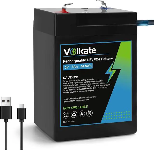 Main image of 6V 7Ah LiFePO4 Lithium Battery 1 Pack, 6 Volt USB-C Rechargeable Lithium Iron Phosphate Battery, 2000+ Cycles, for Ride On Toy, Lantern, Deer Game Feeder, Emergency Light, Alarm System (F1 Terminal)