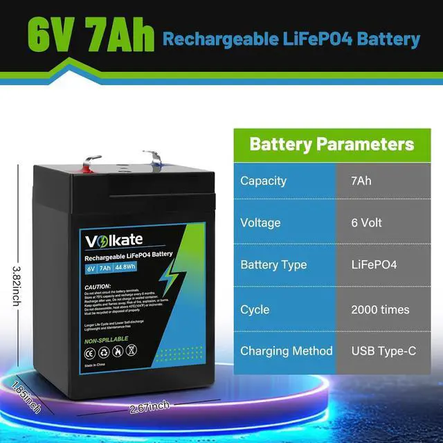 Alt view image 3 of 6 - 6V 7Ah LiFePO4 Lithium Battery 1 Pack, 6 Volt USB-C Rechargeable Lithium Iron Phosphate Battery, 2000+ Cycles, for Ride On Toy, Lantern, Deer Game Feeder, Emergency Light, Alarm System (F1 Terminal)