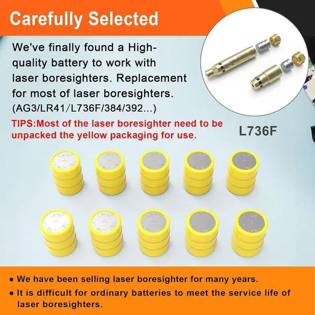 Alt view image 2 of 5 - Button Cell Batteries (L736 & LR626)  30 Count (10 x 3-Pack) 4.5V for Laser Boresighter, Training Cartridge, Toys, LED Flashlight  AG3/LR41/L626F/377/392/384/CX66W Replacement