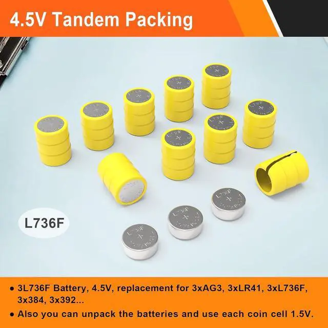 Alt view image 4 of 5 - Button Cell Batteries (L736 & LR626)  30 Count (10 x 3-Pack) 4.5V for Laser Boresighter, Training Cartridge, Toys, LED Flashlight  AG3/LR41/L626F/377/392/384/CX66W Replacement