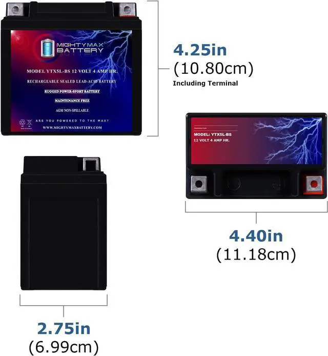Alt view image 2 of 7 - Mighty Max Battery YTX5L-BS 12V 4AH Battery Replaces Duromax 4400 XP4400E Generator