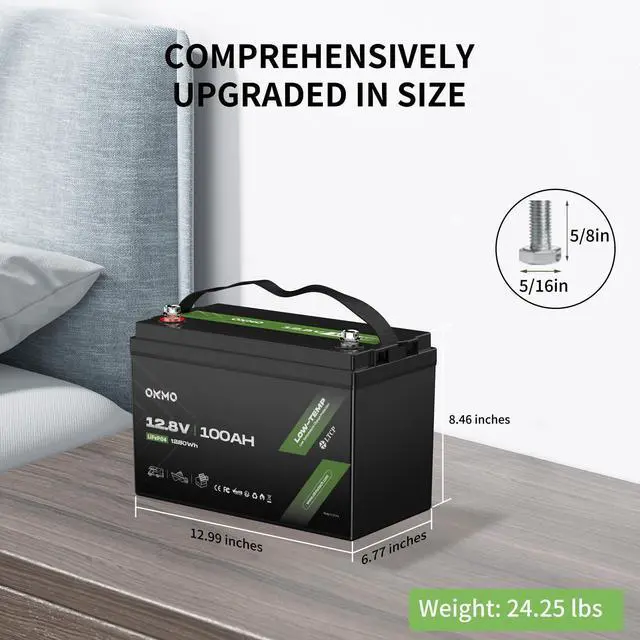 Alt view image 3 of 6 - 12V 100Ah LiFePO4 Lithium Battery, Built-in 100A BMS with Low-Temp Protection, 15000+ Deep Cycles & 1280Wh Energy for RV, Solar, Marine, Trolling Motor, Home Storage