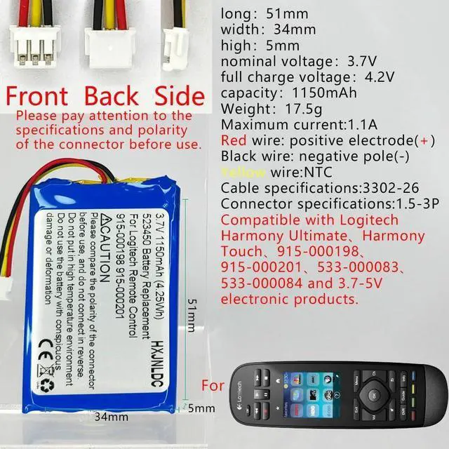 Alt view image 2 of 7 - DC 3.7v 503450(523450) 1150mAh Lithium Polymer Replacement Battery for Logitech Harmony Touch,Harmony Ultimate Remote Controls 533-000083 533-000084 915-000198 915-000201