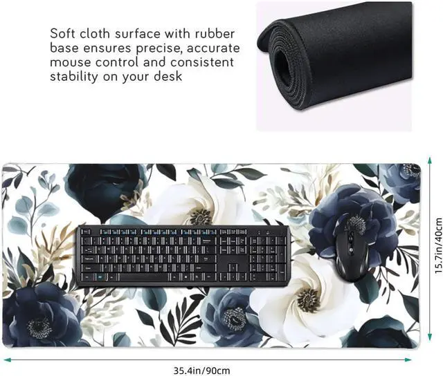 Alt view image 2 of 6 - 35.4 x 15.7 in XXL Large Mouse Pad for Desk Extended Keyboard Mouse Mat for Computer Office Big Laptop Mouse pad Gaming Pc-Boho Navy Blue Peony Florals