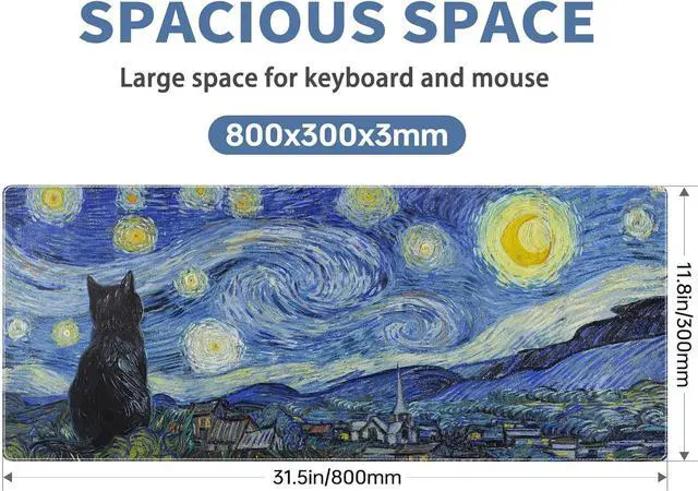 Alt view image 2 of 7 - Starry Night Cat Gaming Mouse Pad Large Desk Mat Extended Keyboard Mouse Pad Anime Mousepad with Non-Slip Base and Stitched Edge Mouse Mat Desk Pad 31.5 x 11.8 Mouse Pads for Desk Home Office Gaming