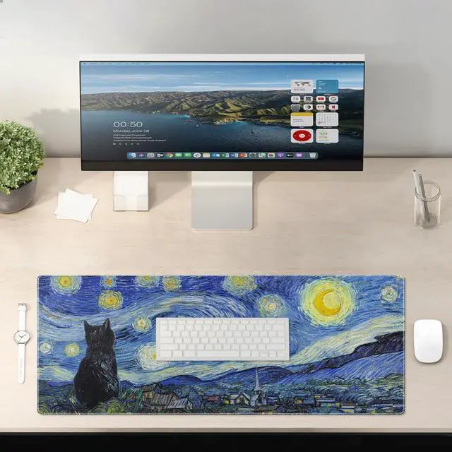 Alt view image 6 of 7 - Starry Night Cat Gaming Mouse Pad Large Desk Mat Extended Keyboard Mouse Pad Anime Mousepad with Non-Slip Base and Stitched Edge Mouse Mat Desk Pad 31.5 x 11.8 Mouse Pads for Desk Home Office Gaming