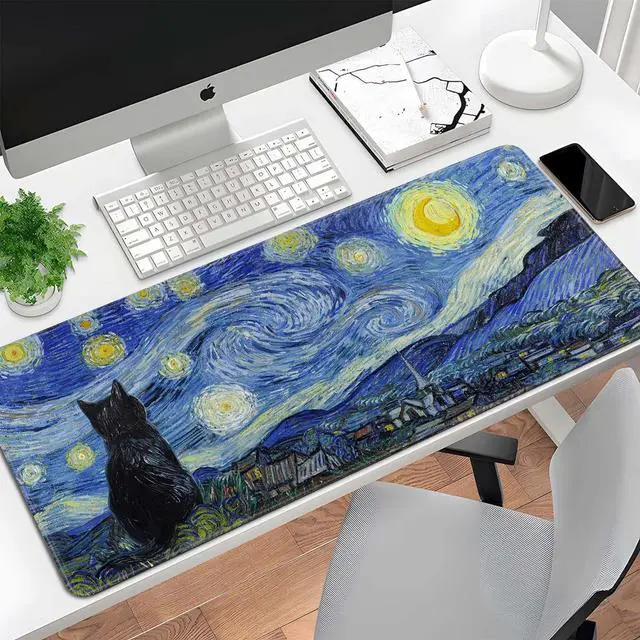 Alt view image 7 of 7 - Starry Night Cat Gaming Mouse Pad Large Desk Mat Extended Keyboard Mouse Pad Anime Mousepad with Non-Slip Base and Stitched Edge Mouse Mat Desk Pad 31.5 x 11.8 Mouse Pads for Desk Home Office Gaming