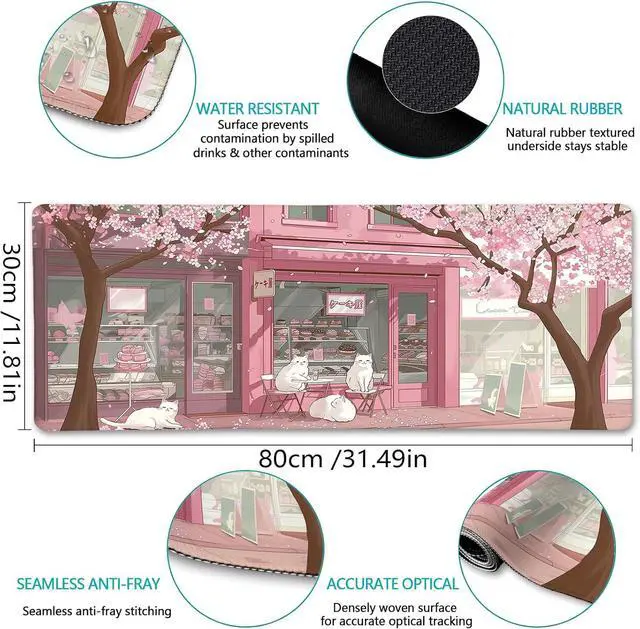 Alt view image 3 of 6 - Cat Mouse Pad Large Desk Mat Pink Cherry Blossom Computer Mousepad with Stitched Edges Non-Slip Keyboard Mouse Pad for Desktop Cute Office Desk Accessories Japanese Dessert House 31.5in