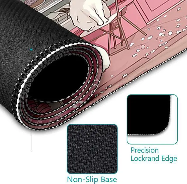 Alt view image 6 of 6 - Cat Mouse Pad Large Desk Mat Pink Cherry Blossom Computer Mousepad with Stitched Edges Non-Slip Keyboard Mouse Pad for Desktop Cute Office Desk Accessories Japanese Dessert House 31.5in