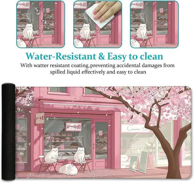 Alt view image 4 of 6 - Cat Mouse Pad Large Desk Mat Pink Cherry Blossom Computer Mousepad with Stitched Edges Non-Slip Keyboard Mouse Pad for Desktop Cute Office Desk Accessories Japanese Dessert House 31.5in