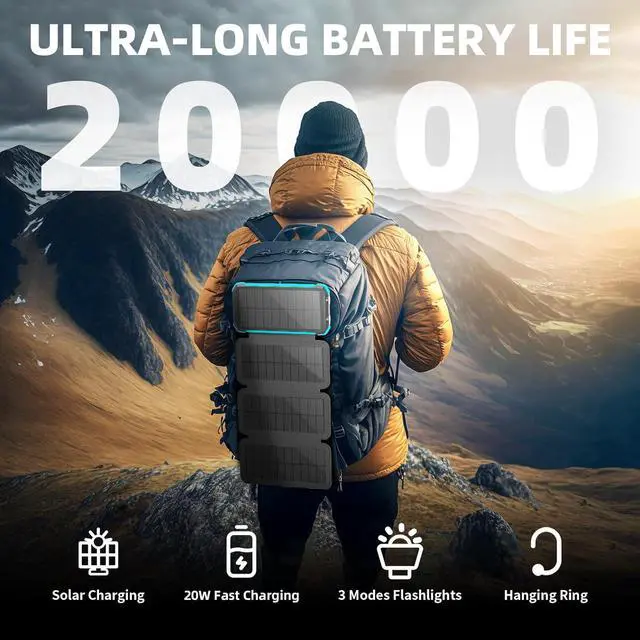 Alt view image 2 of 7 - Solar Power Bank 20000mAh Portable Wireless Charger 15W USB-C Fast Charging External Battery Pack Compatible with iPhone, iPad, Samsung More, Dual LED Flashlights Perfect for Camping, Hiking, Outdoor