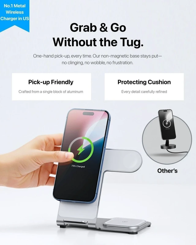 Alt view image 7 of 7 - 3 in 1 Wireless Charger for iPhone 17/16/15/14/13/12 Wireless Charging Station for Devices Aluminum Charging Stand for iWatch 11 10 9 Ultra 3/2 SE 3/2 for AirPods 4 3 2 Pro 3/2