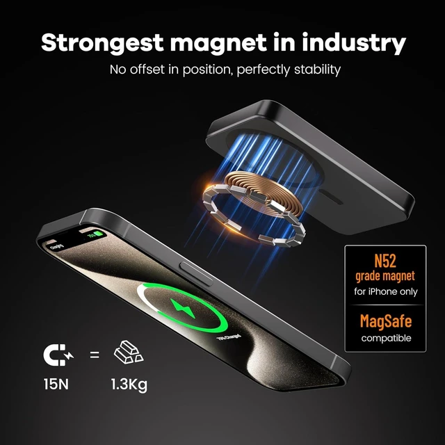 Alt view image 2 of 7 - Power Bank, Ultra-Thin 10,000mAh Magnetic Wireless Portable Charger, 22.5W Fast Charging Battery Pack, Comes with USB-C Cable, Designed for iPhone Air /17/16/15/14/13/12