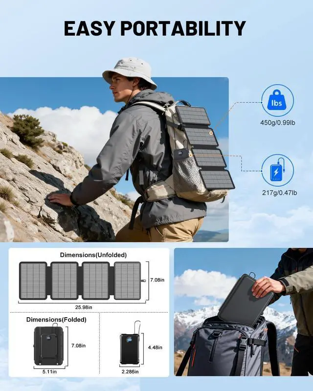 Alt view image 6 of 7 - Solar Power Bank 10000mAh with 4 Panel Foldable Solar Charger,Portable Charger with 3 Built-in Cables, 15W Wireless Charging, USB-C in/Outputs, Emergency Flashlight for Outdoor Camping Hiking