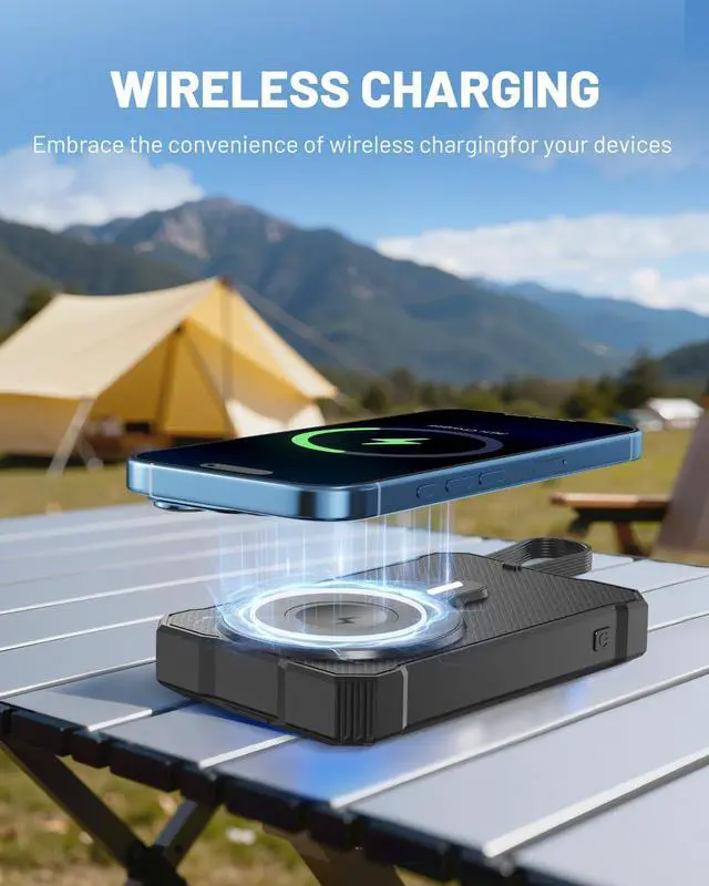 Alt view image 4 of 7 - Solar Power Bank 10000mAh with 4 Panel Foldable Solar Charger,Portable Charger with 3 Built-in Cables, 15W Wireless Charging, USB-C in/Outputs, Emergency Flashlight for Outdoor Camping Hiking