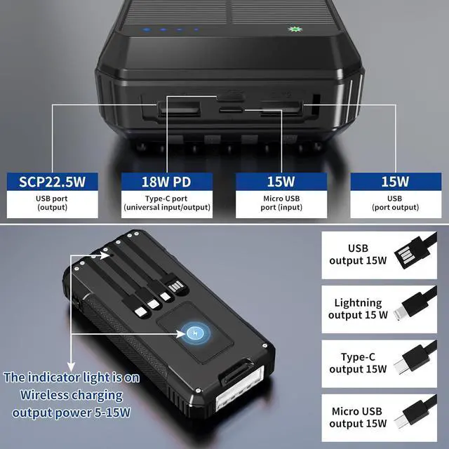 Alt view image 3 of 7 - Solar Power Bank 49800mAh, Portable Charger with Built-in 4 Cables, 22.5W Fast Charging Solar Panel Charger for Traveling, Camping and Emergency(Black)