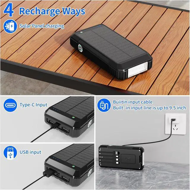 Alt view image 4 of 7 - Solar Power Bank 49800mAh, Portable Charger with Built-in 4 Cables, 22.5W Fast Charging Solar Panel Charger for Traveling, Camping and Emergency(Black)