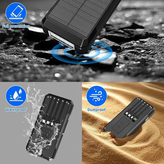 Alt view image 6 of 7 - Solar Power Bank 49800mAh, Portable Charger with Built-in 4 Cables, 22.5W Fast Charging Solar Panel Charger for Traveling, Camping and Emergency(Black)