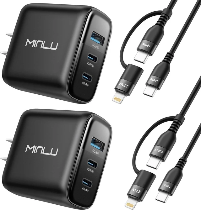 Main image of 65W USB C Charger Block MINLU GaN 3-Port Compact Fast PPS Wall Charger with 100W 2 in 1 USB-C to C/L Cable Fast Charging for MacBook Pro/Air iPad iPhone 17 16 15 Series Galaxy S25 UItra PS - 2Pack