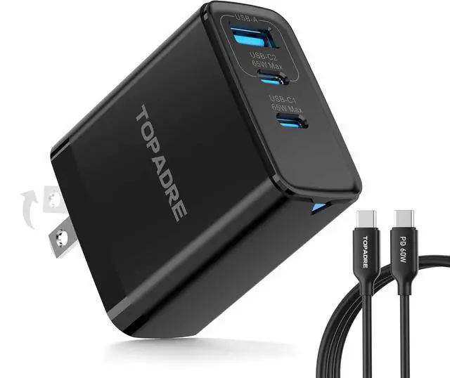 Alt view image 4 of 7 - 65W USB C Charger Block 3 Ports GaN Wall Charger Foldable Compact Type C Fast Charging for MacBook iPad Pro/Air iPhone 15/16 Pro/Pro Max for Galaxy S24/S23 Black