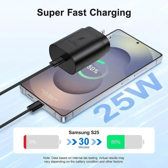 Alt view image 2 of 7 - Type C Charger Fast Charging 25W USB C Charger Block + 6ft Braided USB-C to C Cable Cord for Galaxy S26 S25 Ultra S24 FE S23 S22 S21 A16 A15 A36 A26 A54 A53 A06 Z Fold7 Flip7 2Pack