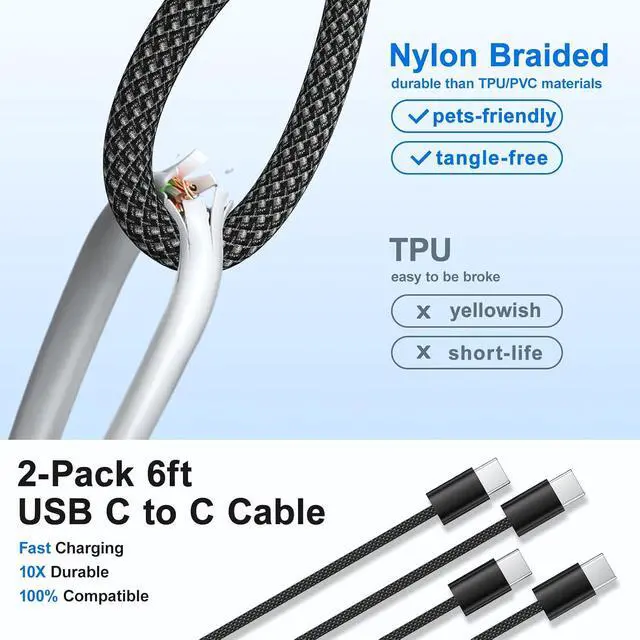 Alt view image 3 of 7 - Type C Charger Fast Charging 25W USB C Charger Block + 6ft Braided USB-C to C Cable Cord for Galaxy S26 S25 Ultra S24 FE S23 S22 S21 A16 A15 A36 A26 A54 A53 A06 Z Fold7 Flip7 2Pack