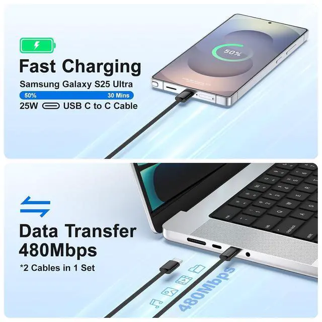 Alt view image 4 of 7 - Type C Charger Fast Charging 25W USB C Charger Block + 6ft Braided USB-C to C Cable Cord for Galaxy S26 S25 Ultra S24 FE S23 S22 S21 A16 A15 A36 A26 A54 A53 A06 Z Fold7 Flip7 2Pack