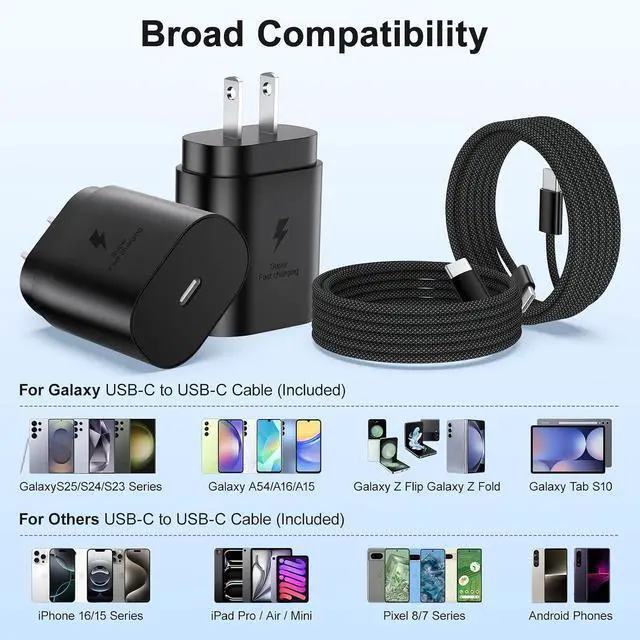 Alt view image 7 of 7 - Type C Charger Fast Charging 25W USB C Charger Block + 6ft Braided USB-C to C Cable Cord for Galaxy S26 S25 Ultra S24 FE S23 S22 S21 A16 A15 A36 A26 A54 A53 A06 Z Fold7 Flip7 2Pack